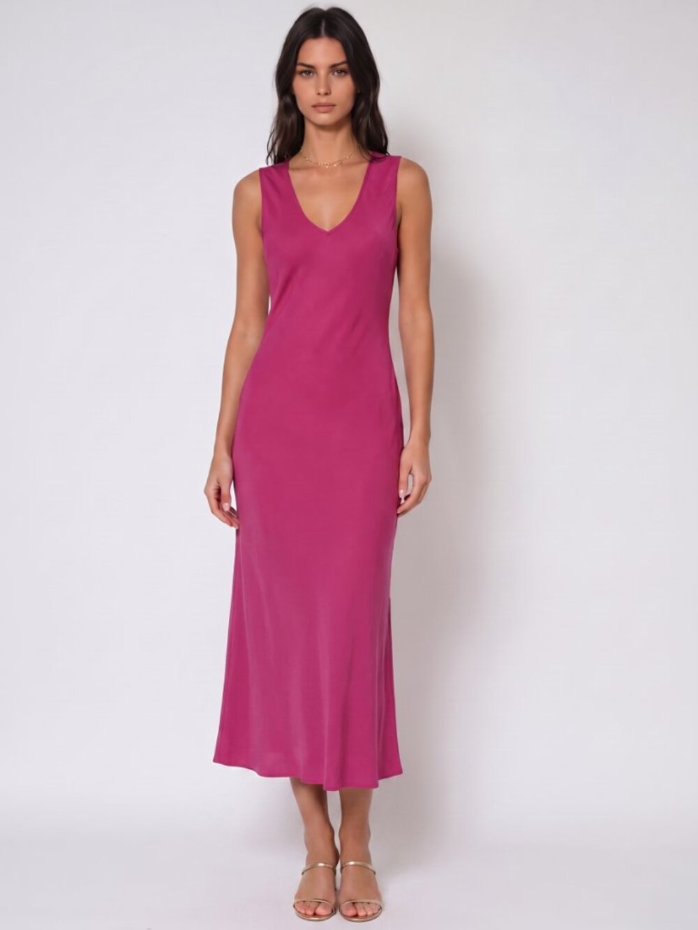 Banana Republic NWT Magenta Bias Cut Midi Slip Dress S V Neck Keyhole Back